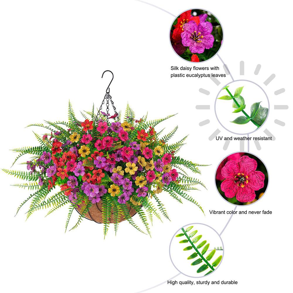 Silk Daisy Flowers and Fern Hanging Baskets - Mix Color - HyeFlora