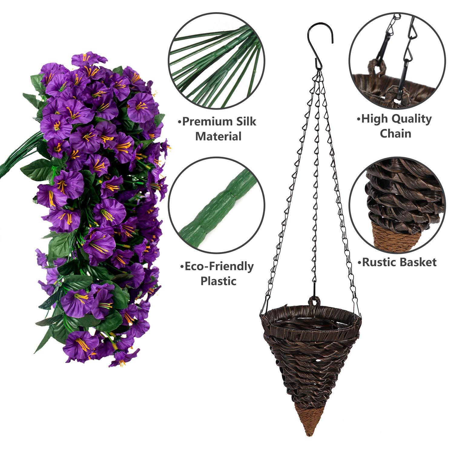 Morning Glory Hanging Basket 4 branches Silk Flowers - 35" Purple Flowers