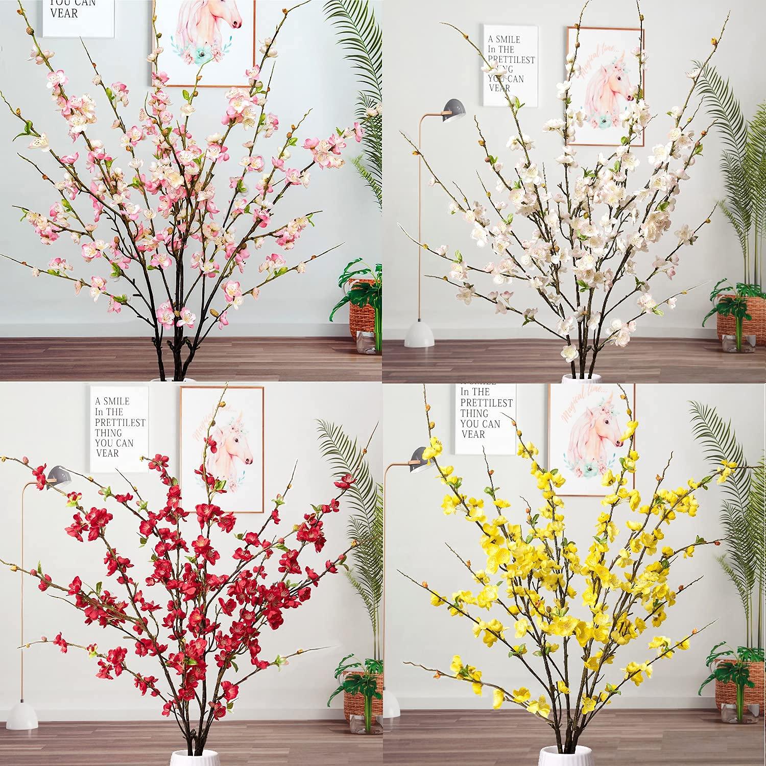 47” Faux Silk Plum Blossom Branches 4pcs - Red - HyeFlora