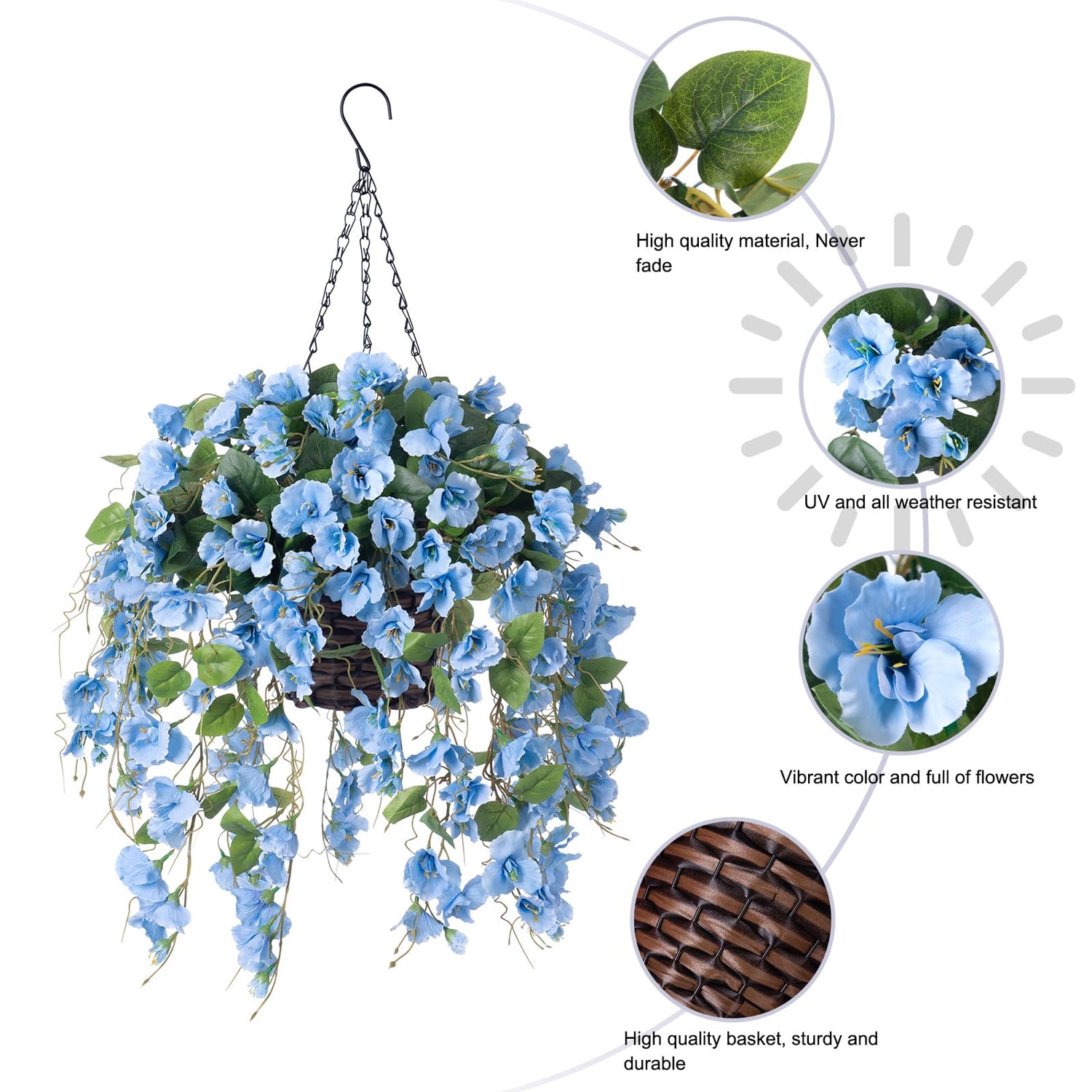 hanging plant with blue flowers Artificial Hibiscus Flower Bush Hanging Basket with Trailing Vines
