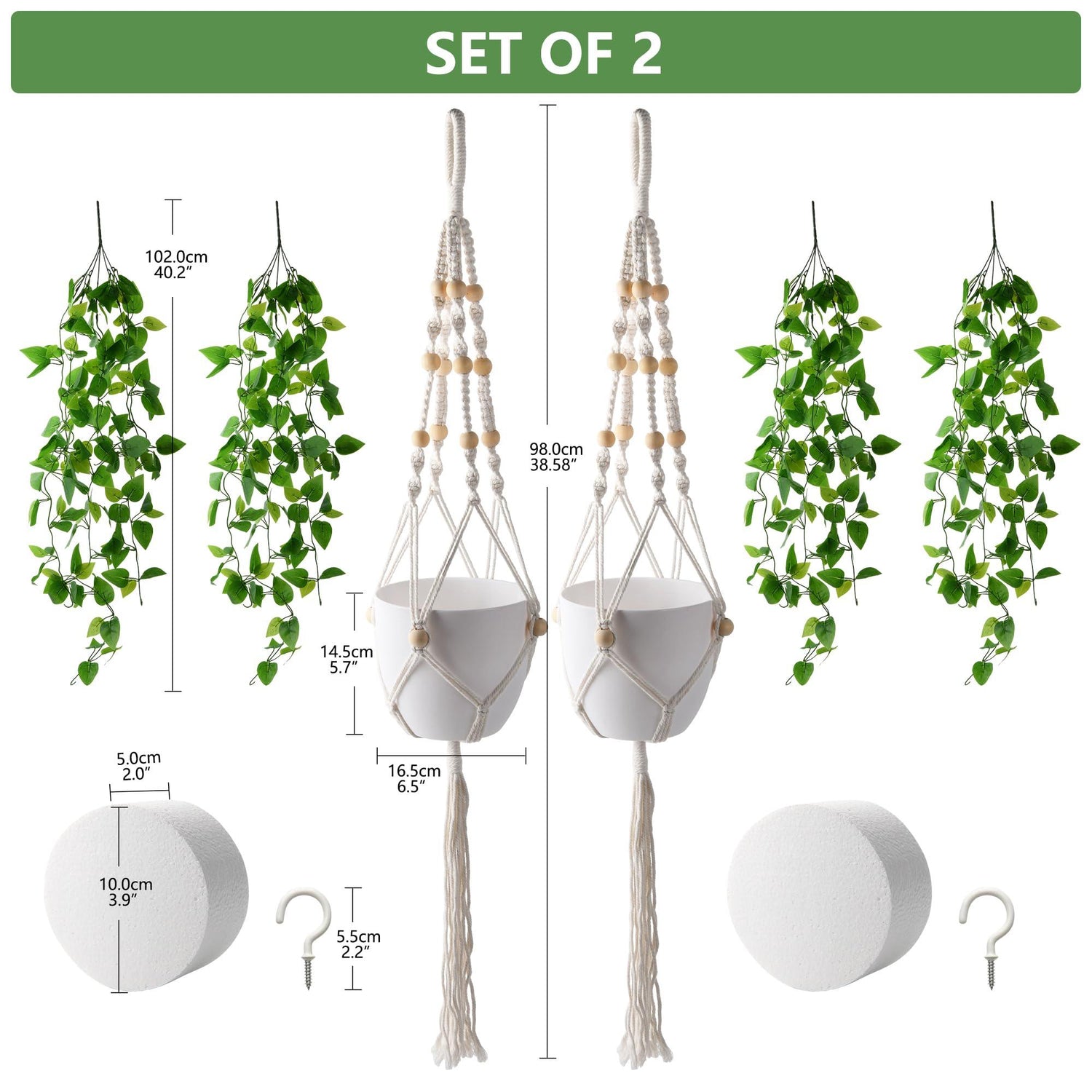 2Pac Fake Ivy Vine With Hanging Pot &amp; Macrame Hanger - HyeFlora