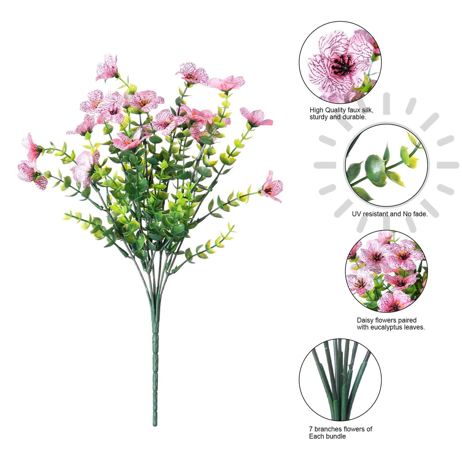 14&quot; Silk Daisy with Eucalyptus 12 Bundles- Pink - HyeFlora