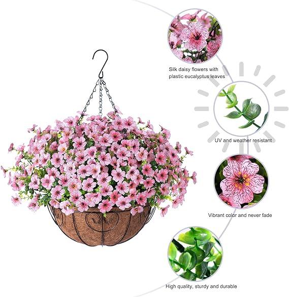 16&quot; Artificial Daisy Mums with Hanging Basket- Pink - HyeFlora